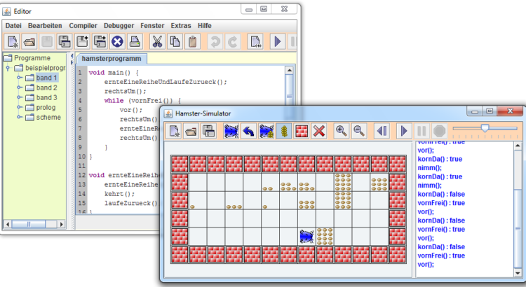 Screenshot des Java-Hamster-Simulators. Einfaches pac-man-artiges Programm mit Hamstern. Zwei Fenster: eines zeigt den Simulator im Einsatz ein anderen im Hintergrund etwas Code.