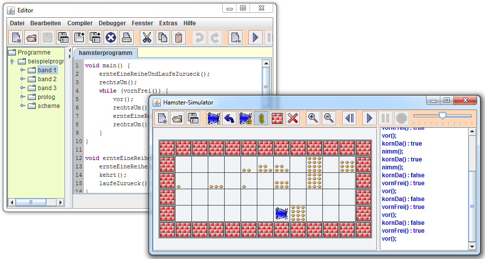 Screenshot des Java-Hamster-Simulators. Einfaches pac-man-artiges Programm mit Hamstern. Zwei Fenster: eines zeigt den Simulator im Einsatz ein anderen im Hintergrund etwas Code.