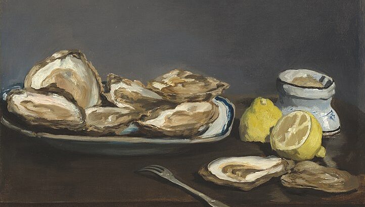Stilleben von Edouard Manet "Austern". Ein Teller mit Austern, daneben eine Gabel, eine durchgeschnitte Zitrone und eine leere Austernschale.