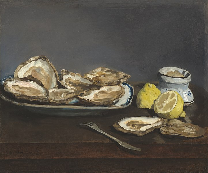 Stilleben von Edouard Manet "Austern". Ein Teller mit Austern, daneben eine Gabel, eine durchgeschnitte Zitrone und eine leere Austernschale.