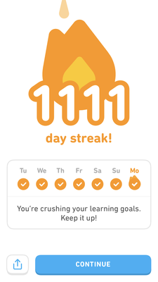 Duoling-Screenshot mit 1111 Tagen durchgelernt.
