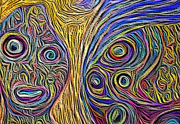 Bild, urspriünglich ein oder zwei Menschen - in psychedelischen Farben und zerfließenden Konturen.