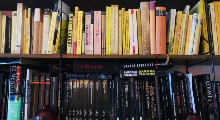 Bücherregal mit einer gelben und einer schwarzen Buchreihe.