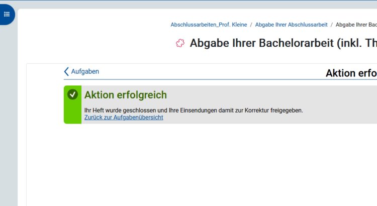 Screenshot der Fernuni-Website. Bestätigung der Abgabe der Bacheloarbeit