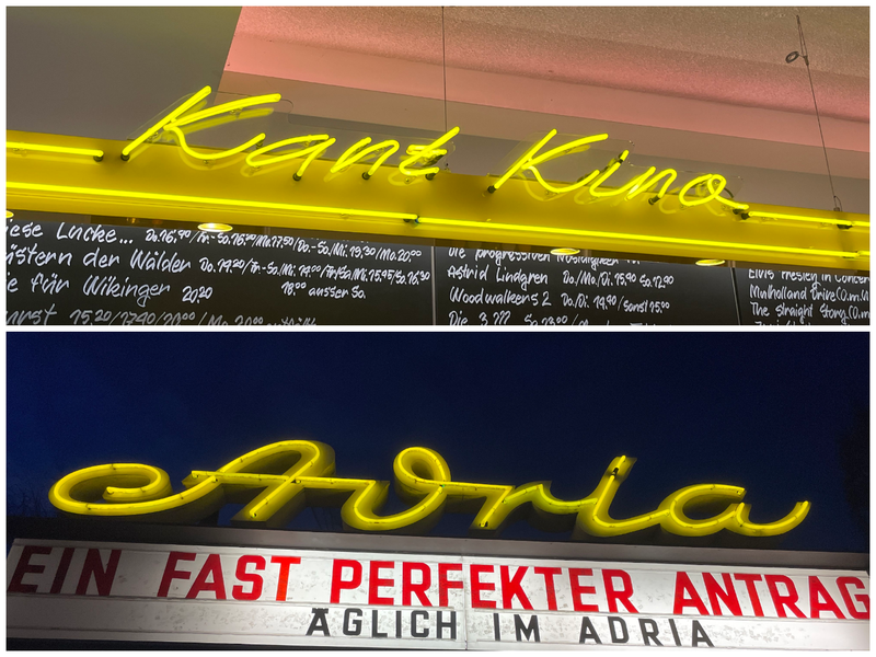 Collage aus zwei Neonschriften "Kant Kino" und "Adria"
